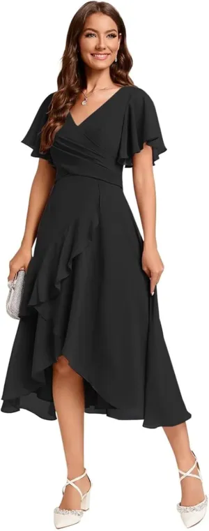 Flutter Sleeve Ruffle Chiffon Bridesmaid Dress Short A-Line V Neck Prom Dress for Women Formal Party Gowns with Pockets MR104