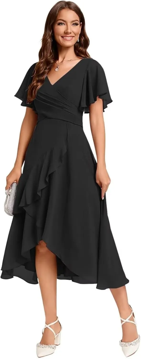 Flutter Sleeve Ruffle Chiffon Bridesmaid Dress Short A-Line V Neck Prom Dress for Women Formal Party Gowns with Pockets MR104