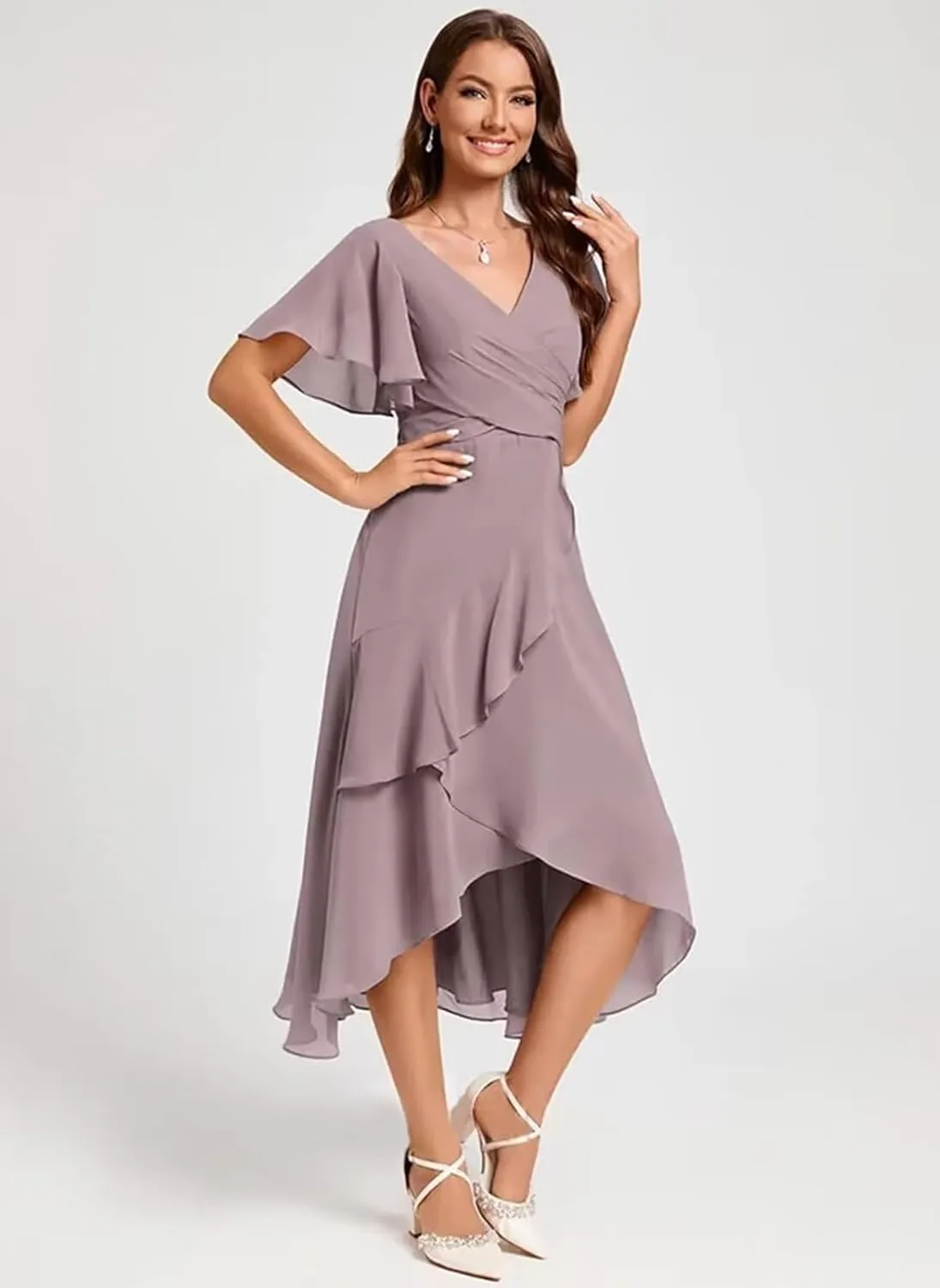Flutter Sleeve Ruffle Chiffon Bridesmaid Dress Short A-Line V Neck Prom Dress for Women Formal Party Gowns with Pockets MR104