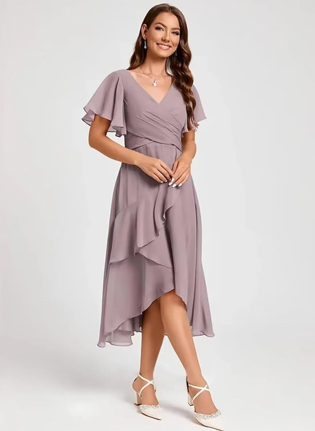 Flutter Sleeve Ruffle Chiffon Bridesmaid Dress Short A-Line V Neck Prom Dress for Women Formal Party Gowns with Pockets MR104