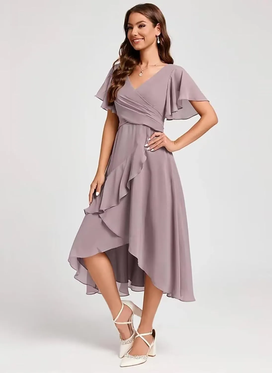 Flutter Sleeve Ruffle Chiffon Bridesmaid Dress Short A-Line V Neck Prom Dress for Women Formal Party Gowns with Pockets MR104