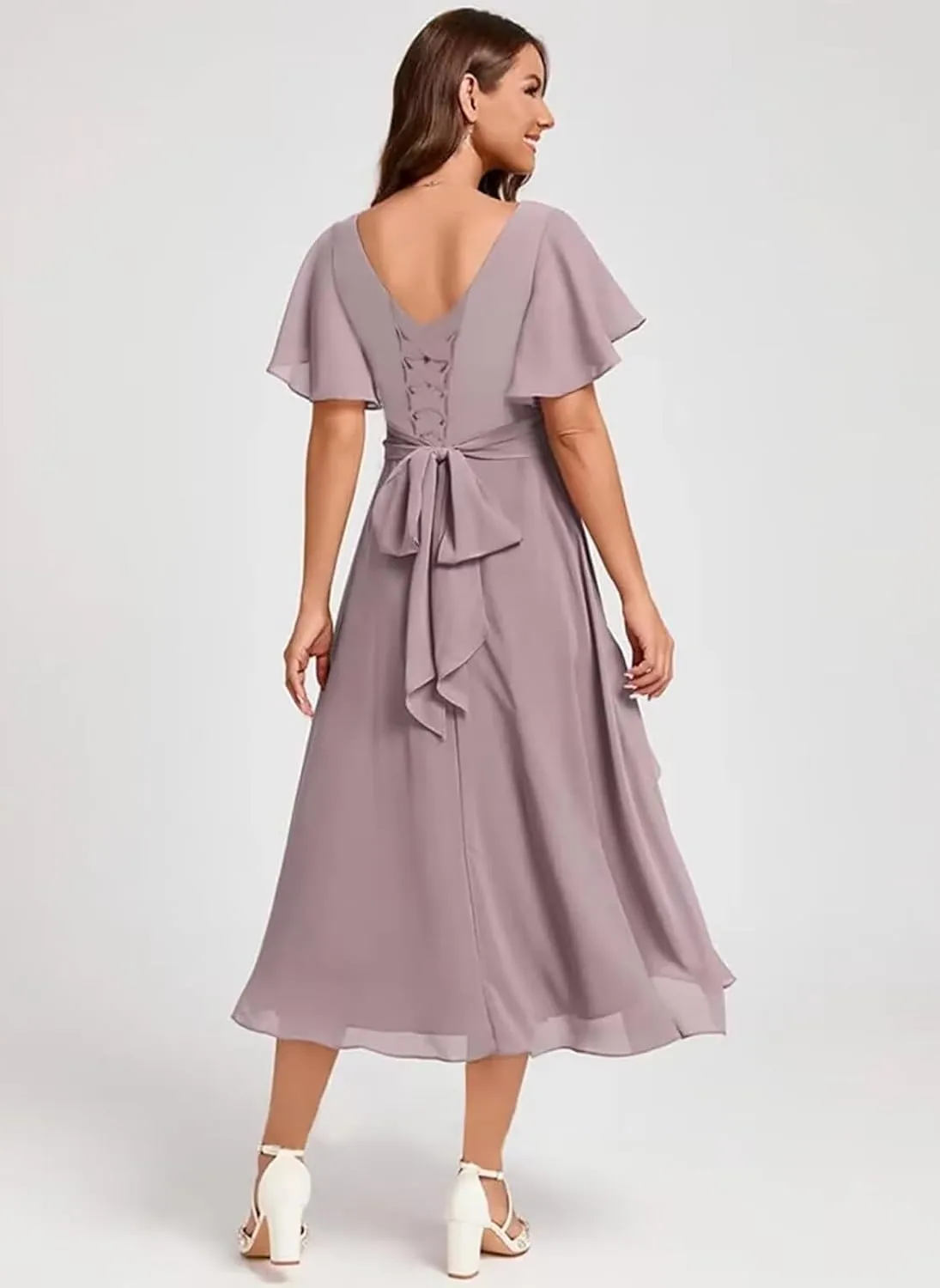 Flutter Sleeve Ruffle Chiffon Bridesmaid Dress Short A-Line V Neck Prom Dress for Women Formal Party Gowns with Pockets MR104
