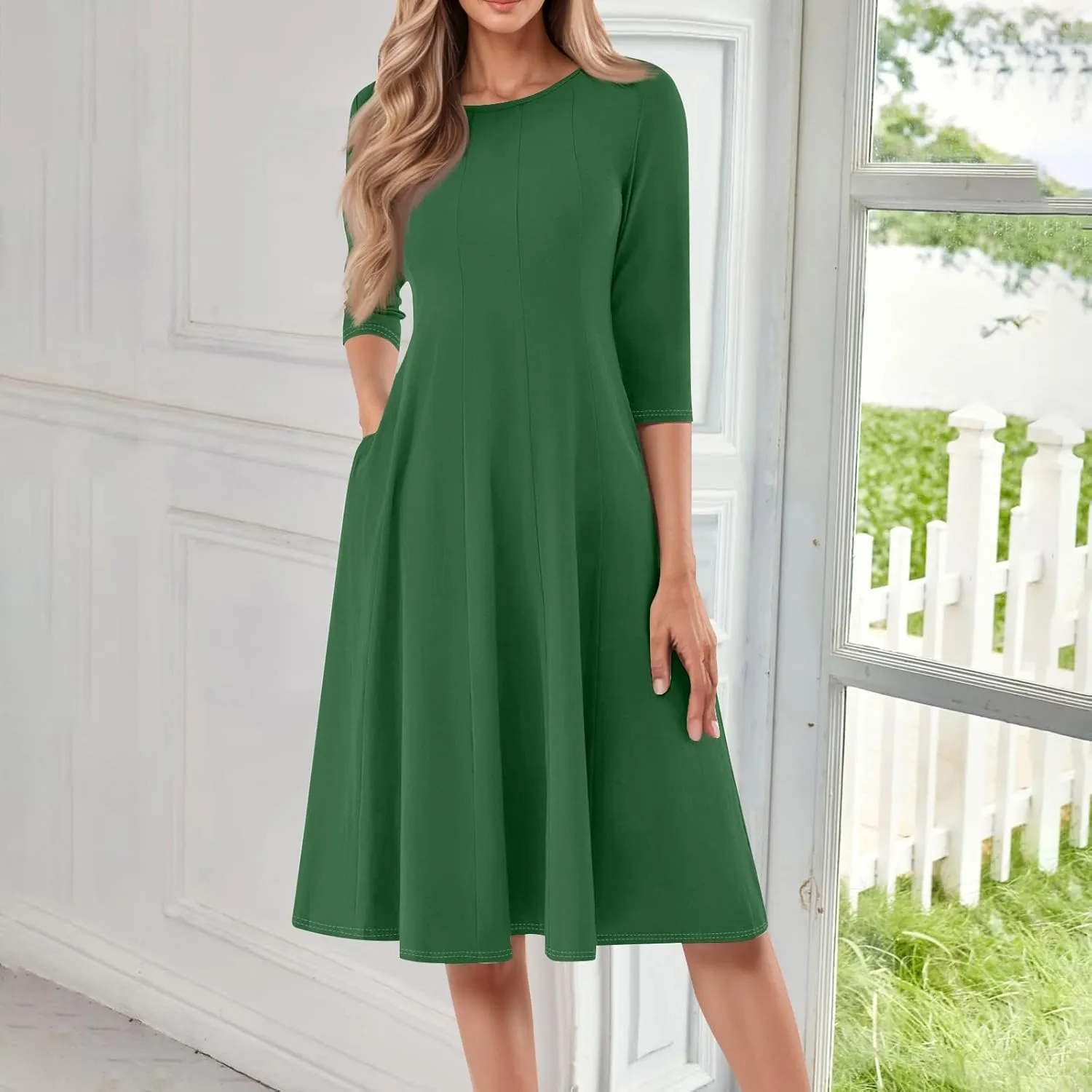 Formal Dresses for Women Casual Swing Midi Pleated A Line 3/4 Sleeve Summer