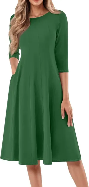 Formal Dresses for Women Casual Swing Midi Pleated A Line 3/4 Sleeve Summer