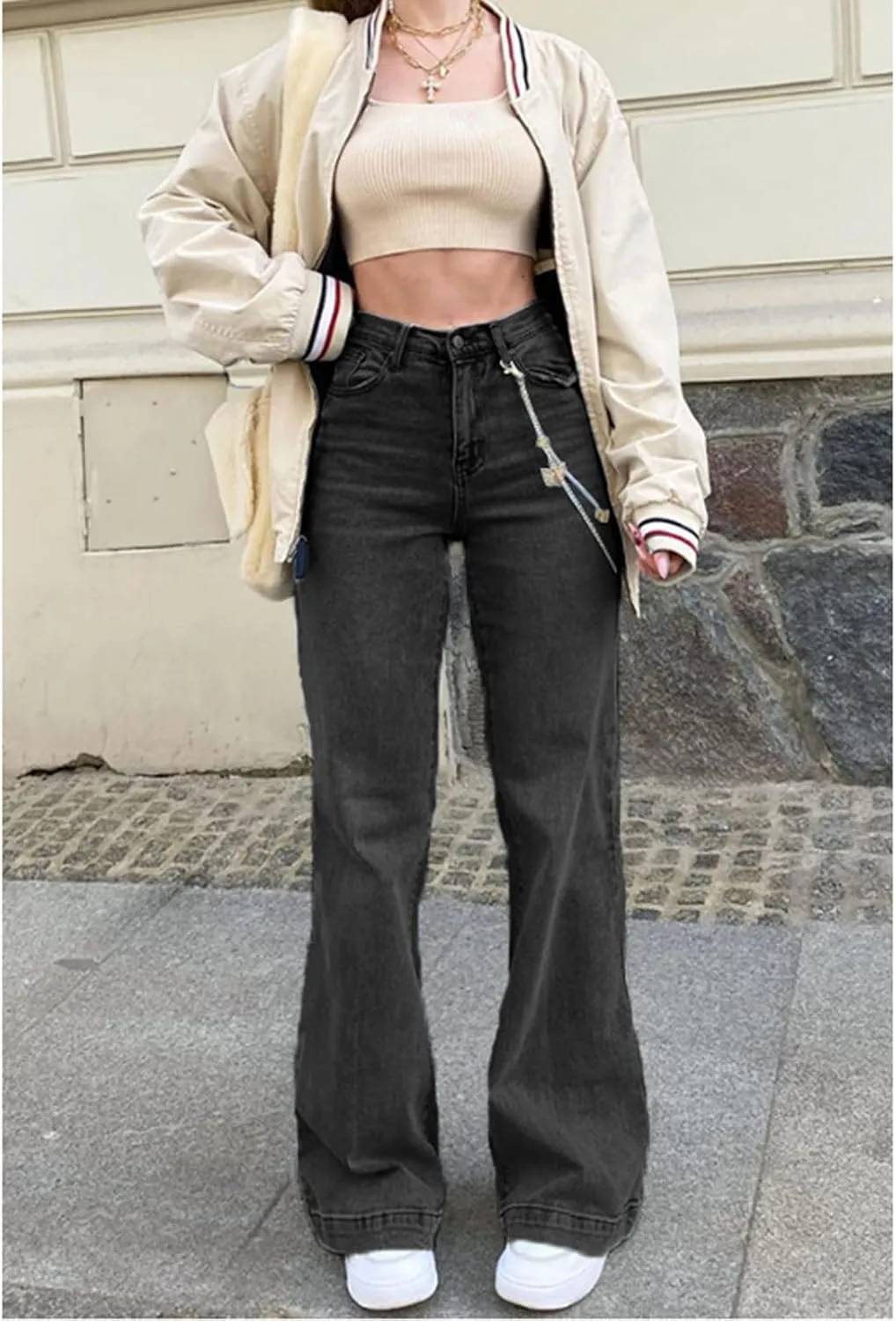 Franhais Women Wide Leg Denim Pants Fashion High Waist Straight Leg Baggy Flared Y2K Jeans Trousers Streetwear