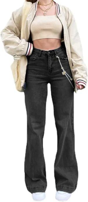 Franhais Women Wide Leg Denim Pants Fashion High Waist Straight Leg Baggy Flared Y2K Jeans Trousers Streetwear