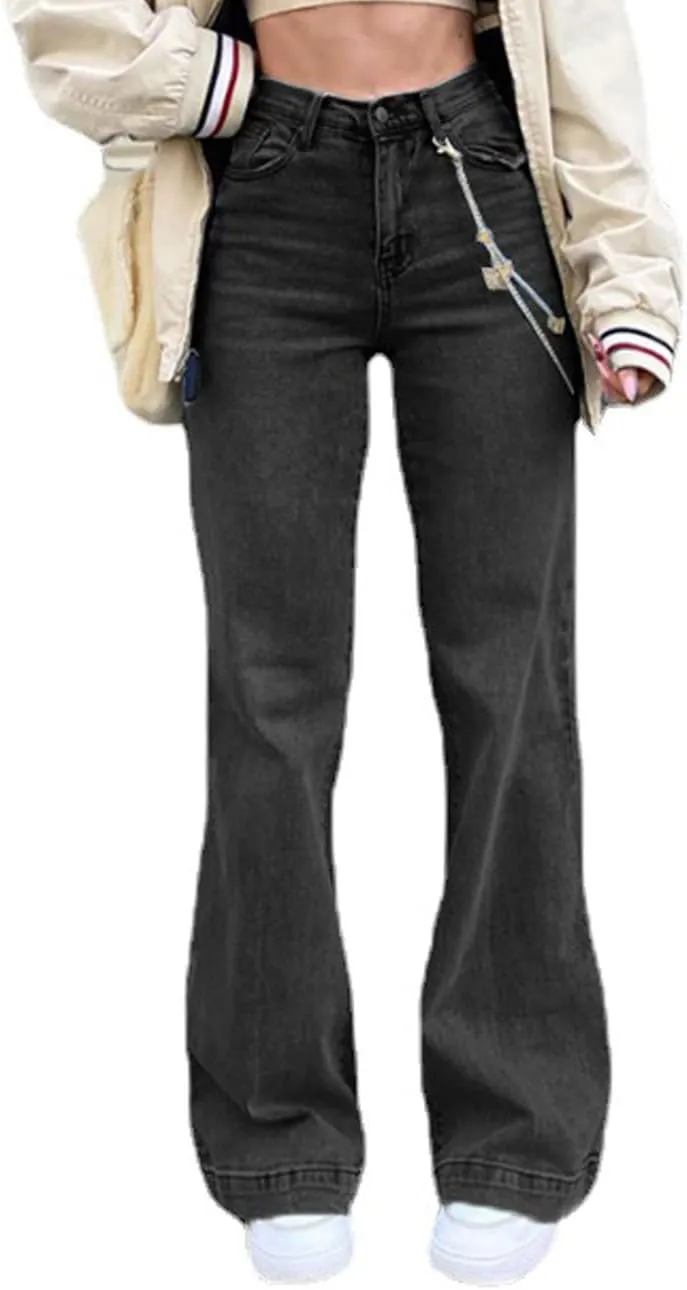Franhais Women Wide Leg Denim Pants Fashion High Waist Straight Leg Baggy Flared Y2K Jeans Trousers Streetwear