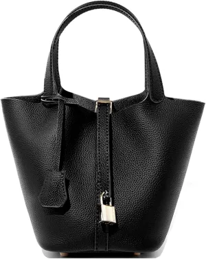 Genuine Leather Bucket Bag for Women Stylish Lock Design Small Satchel Purses Handbags Daily Casual Soft Shoulder Bags