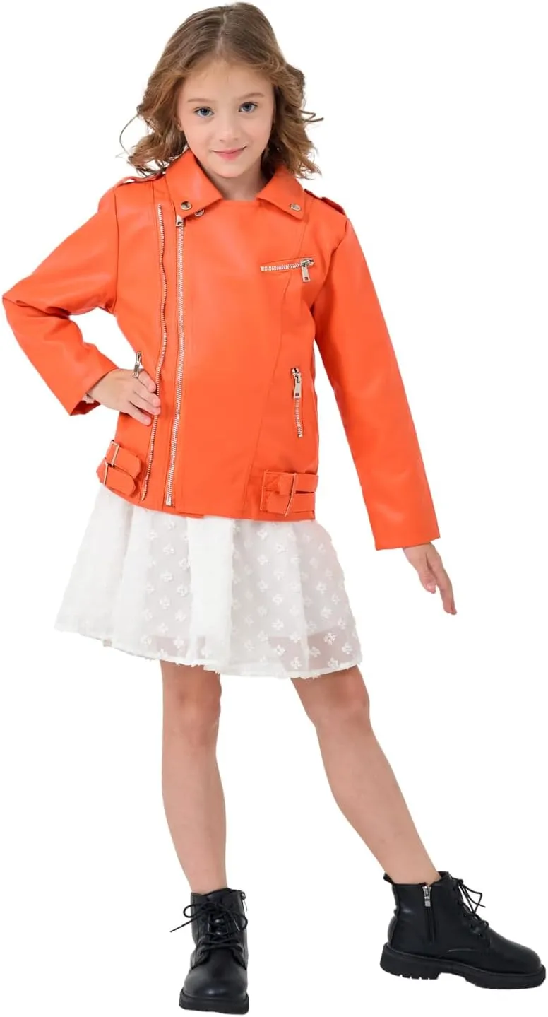 Girls Boys Biker Jacket Faux Leather Rivets Leather Motor Jacket Coat For Kids 3-16Years