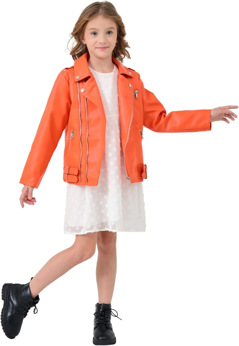 Girls Boys Biker Jacket Faux Leather Rivets Leather Motor Jacket Coat For Kids 3-16Years
