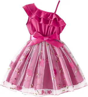 Girls Ruffle One Shoulder Summer Cute Floral Tulle Dress Kids Baby Toddler A-Line Mesh Party Dresses for 2-8 Years