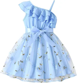 Girls Ruffle One Shoulder Summer Cute Floral Tulle Dress Kids Baby Toddler A-Line Mesh Party Dresses for 2-8 Years