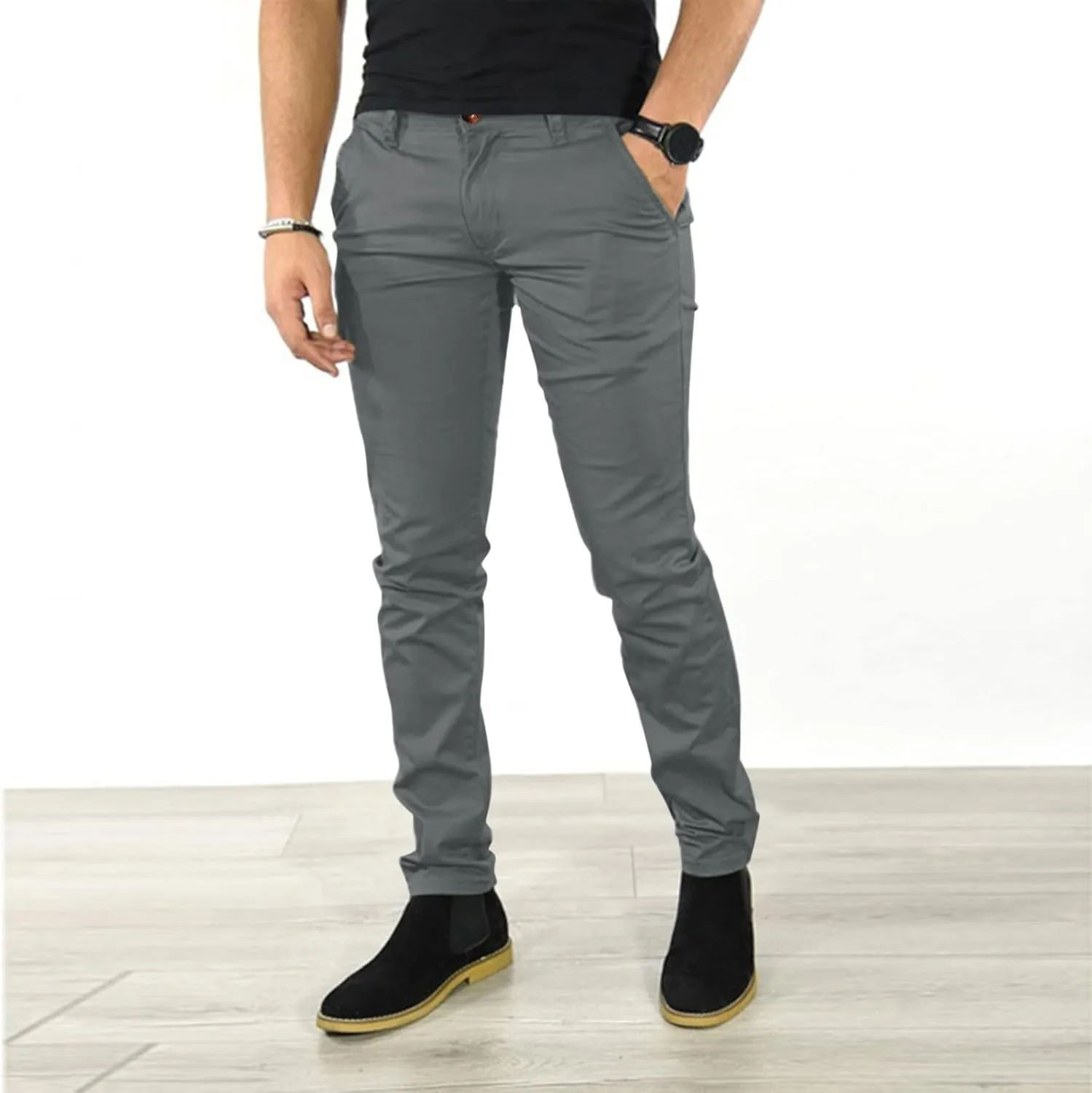 GOKKILRW Mens Chinos Slim Fit Skinny Dress Pants Flat Front Stretch Business Work Tapered Pants Comfy Casual Solid Golf Pants