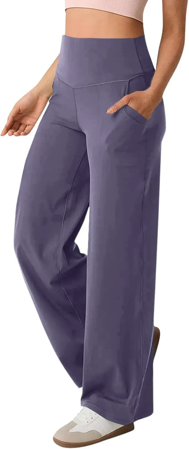 GOKKILRW Women's Yoga Pants Wide Leg Dress Work Pants Tummy Control Stretch High Waist Casual Trousers Slacks with Pockets