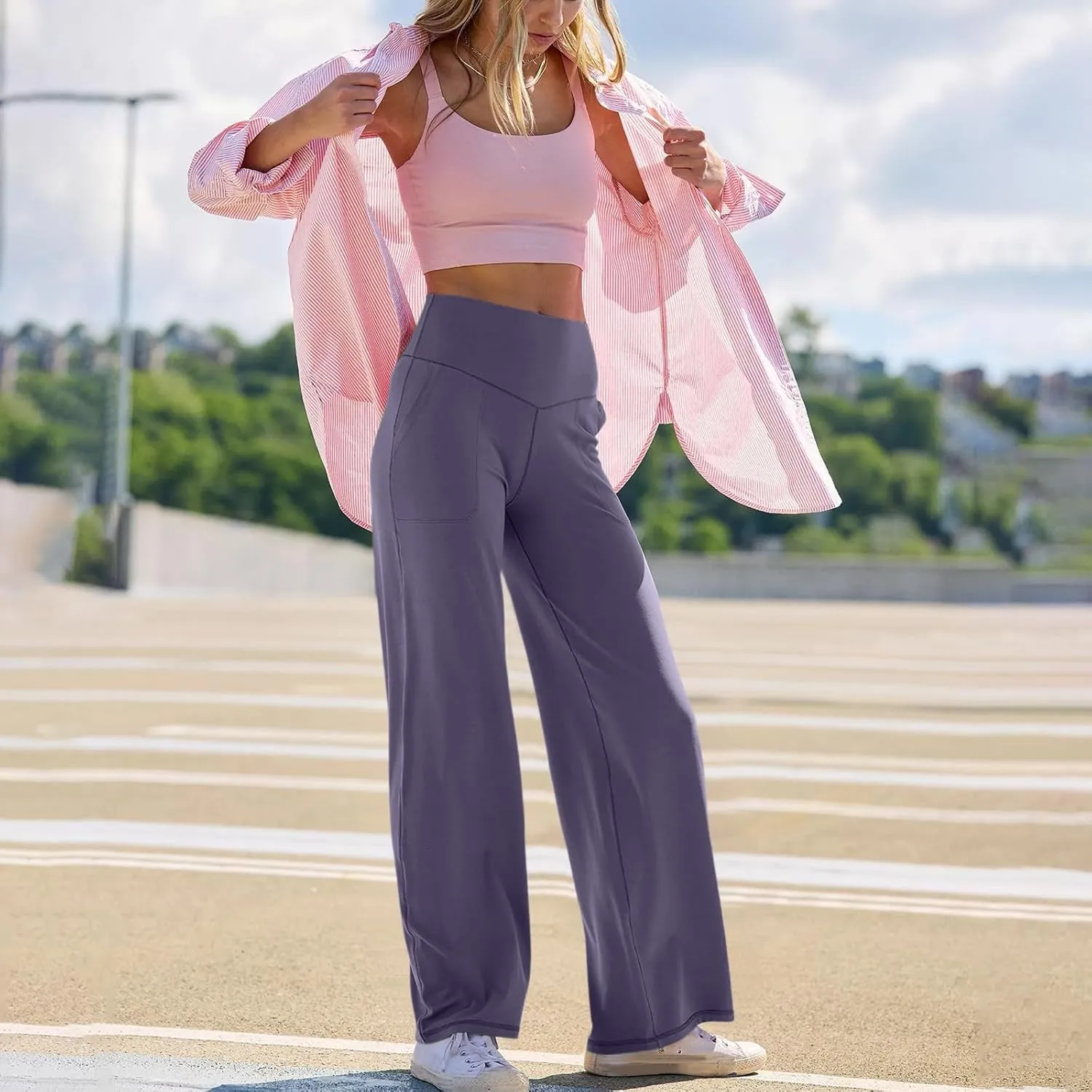 GOKKILRW Women's Yoga Pants Wide Leg Dress Work Pants Tummy Control Stretch High Waist Casual Trousers Slacks with Pockets