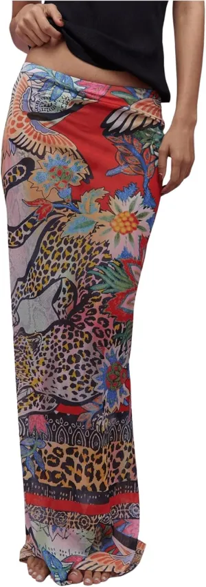 GORGLITTER Women's Cheetah Floral Print Boho Maxi Skirt Y2k Mesh Bodycon Long Summer Beach Cover Up Skirts Multicolor Medium