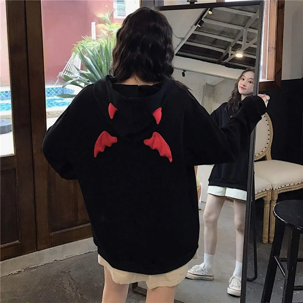 Goth Hoodies for Women Devil Wing Hoodie Long Sleeve Red Horn Sweatshirt Cute Pullover Tops Gothic Sweater