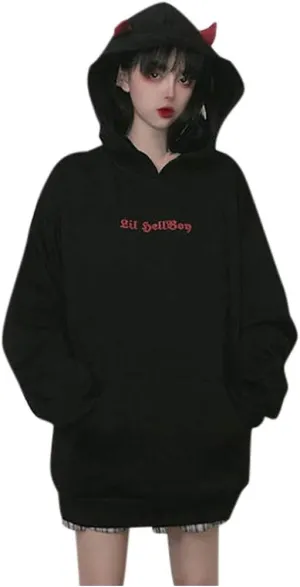 Goth Hoodies for Women Devil Wing Hoodie Long Sleeve Red Horn Sweatshirt Cute Pullover Tops Gothic Sweater