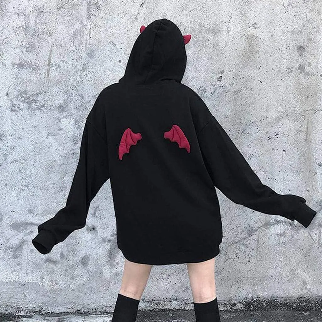 Goth Hoodies for Women Devil Wing Hoodie Long Sleeve Red Horn Sweatshirt Cute Pullover Tops Gothic Sweater