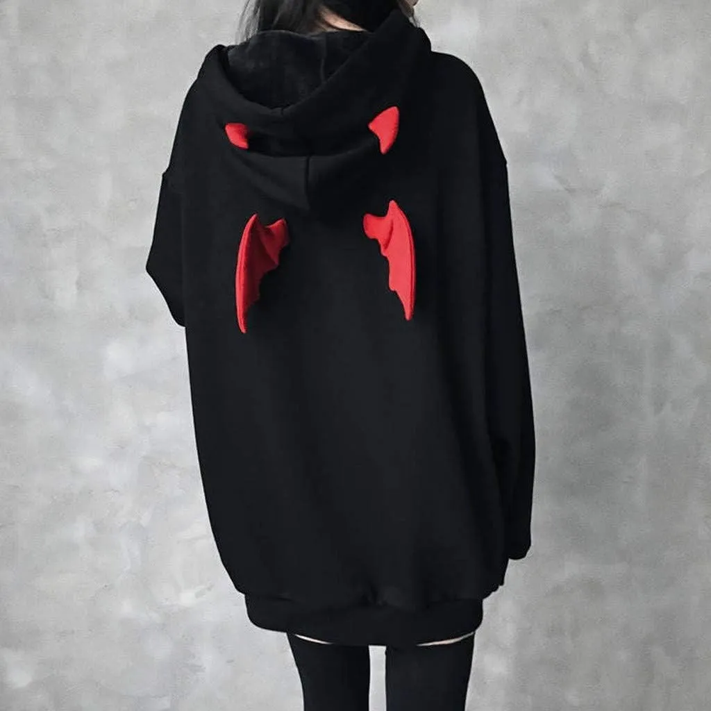 Goth Hoodies for Women Devil Wing Hoodie Long Sleeve Red Horn Sweatshirt Cute Pullover Tops Gothic Sweater