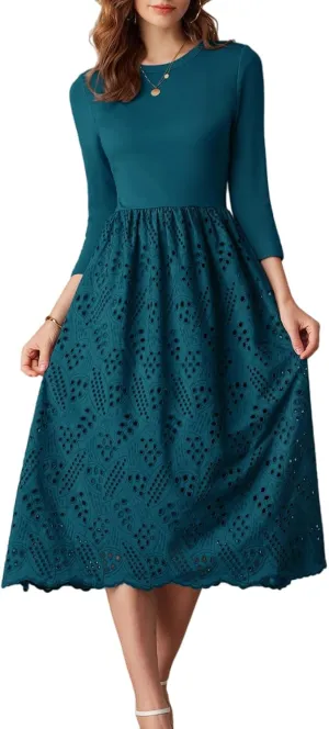GRACE KARIN Womens Summer 3/4 Sleeve Dress with Pockets A Line Midi Eyelet Dress Empire Waist Casual Fall Flowy Dress