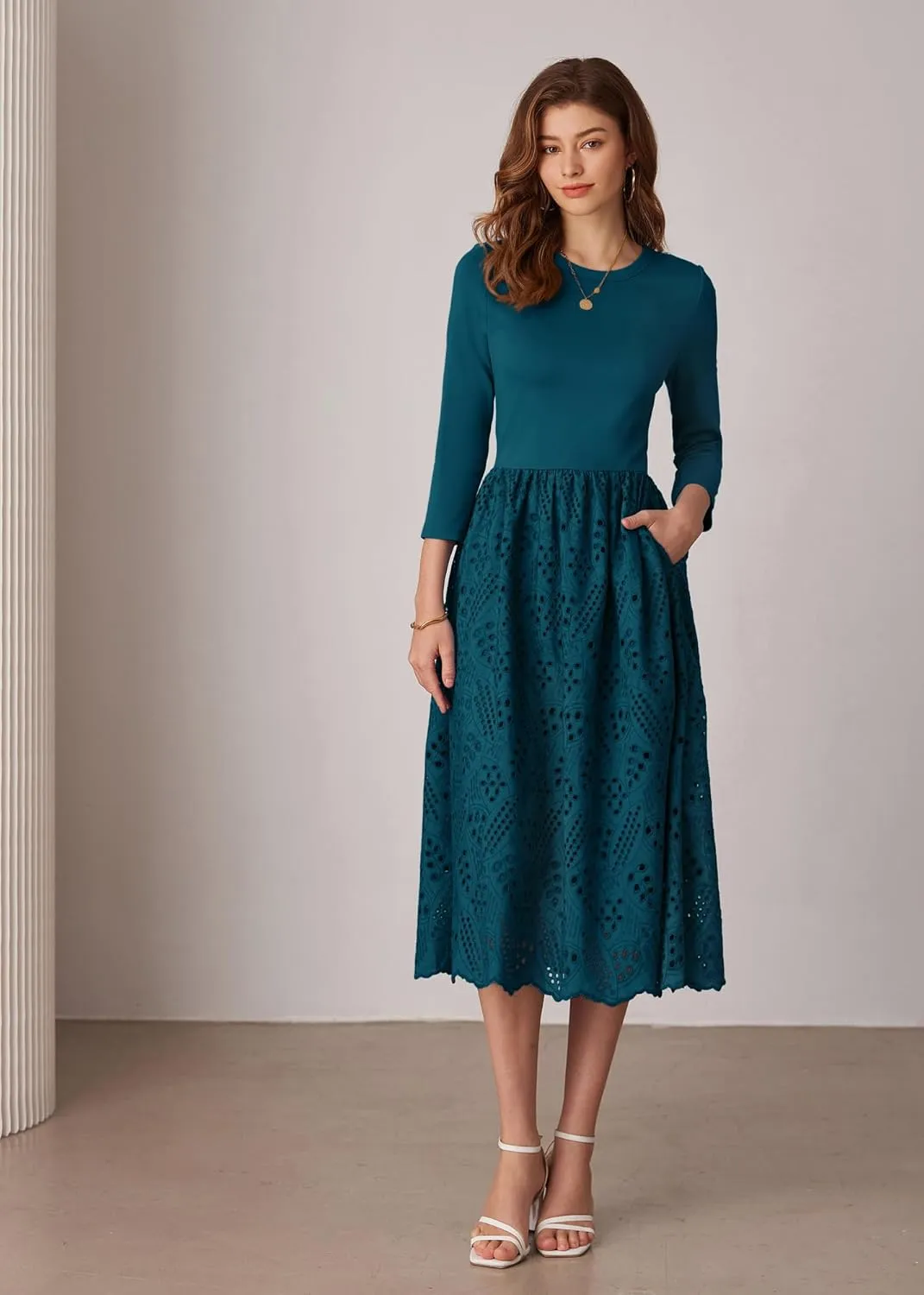 GRACE KARIN Womens Summer 3/4 Sleeve Dress with Pockets A Line Midi Eyelet Dress Empire Waist Casual Fall Flowy Dress
