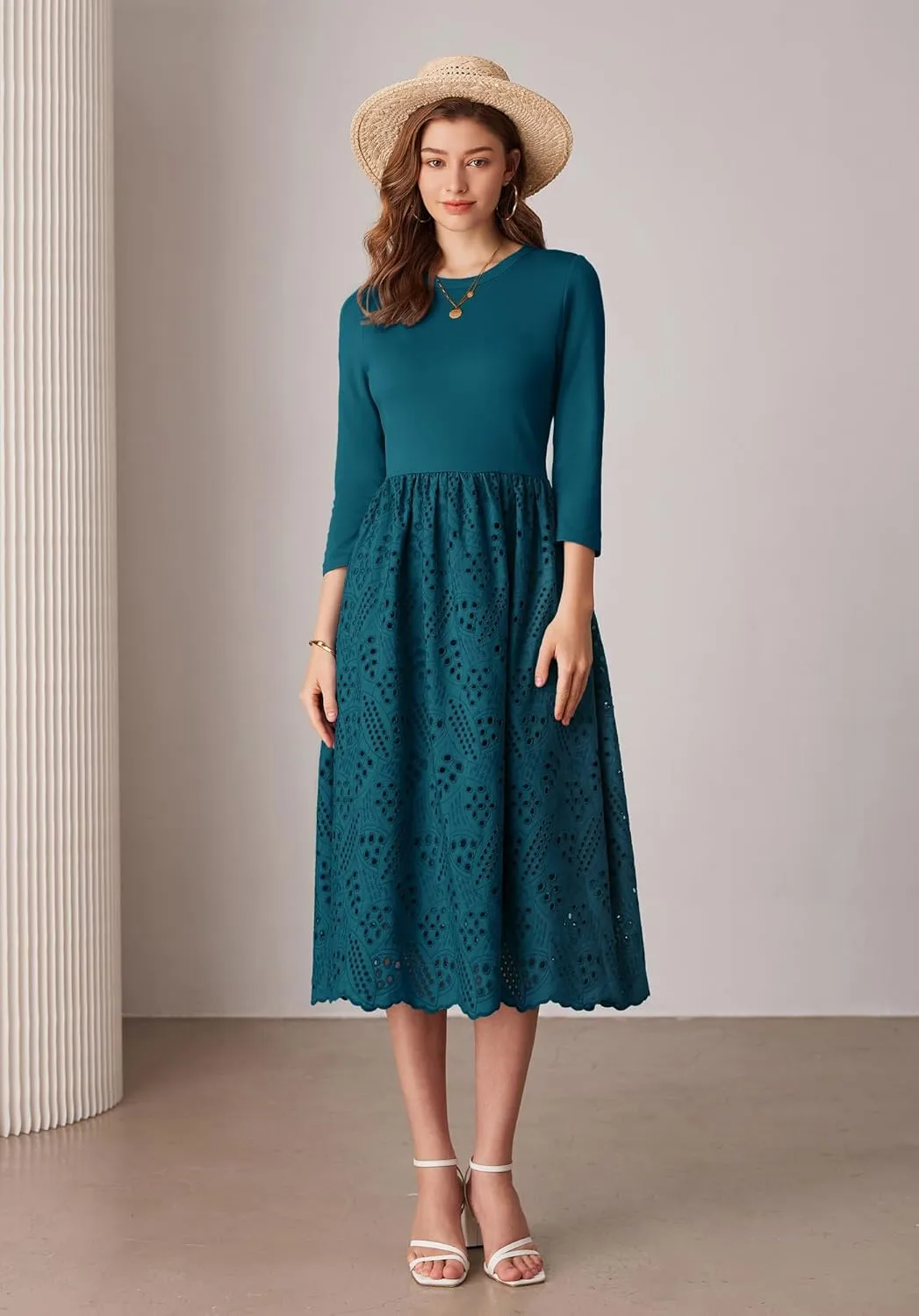 GRACE KARIN Womens Summer 3/4 Sleeve Dress with Pockets A Line Midi Eyelet Dress Empire Waist Casual Fall Flowy Dress