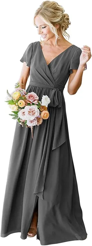 Grey Short Sleeve Bridesmaid Dresses Plus Size for Women with Pockets Long Chiffon Formal Dresses Evening Gown 22W