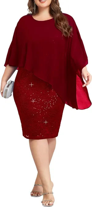Hanna Nikole Women's Sleeveless Cape Dress with Chiffon Overlay Bodycon Pencil Dress