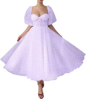 Heart Tulle Midi Prom Dresses Sweetheart A-Line Puff Sleeves Formal Evening Party Gown