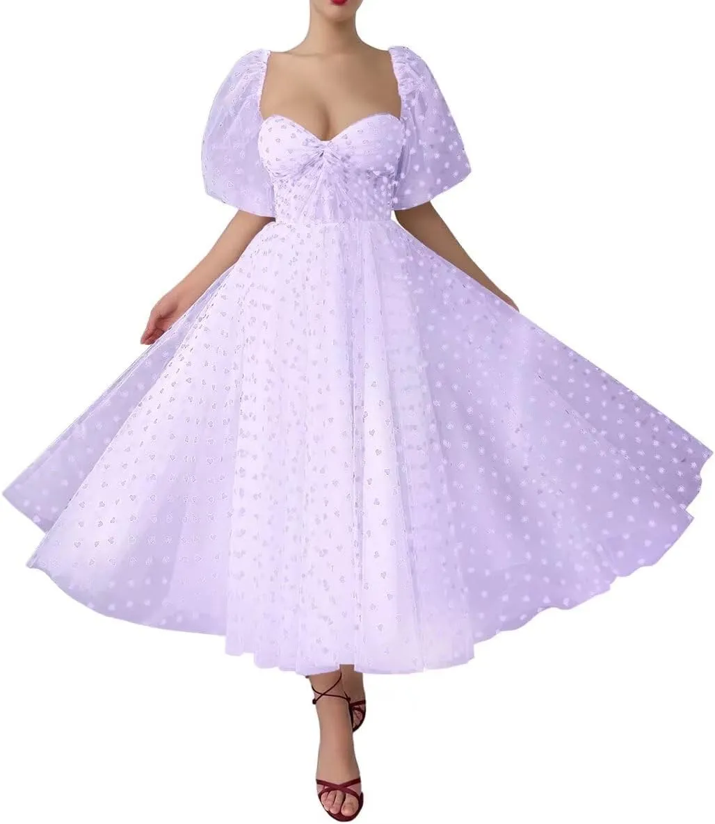 Heart Tulle Midi Prom Dresses Sweetheart A-Line Puff Sleeves Formal Evening Party Gown
