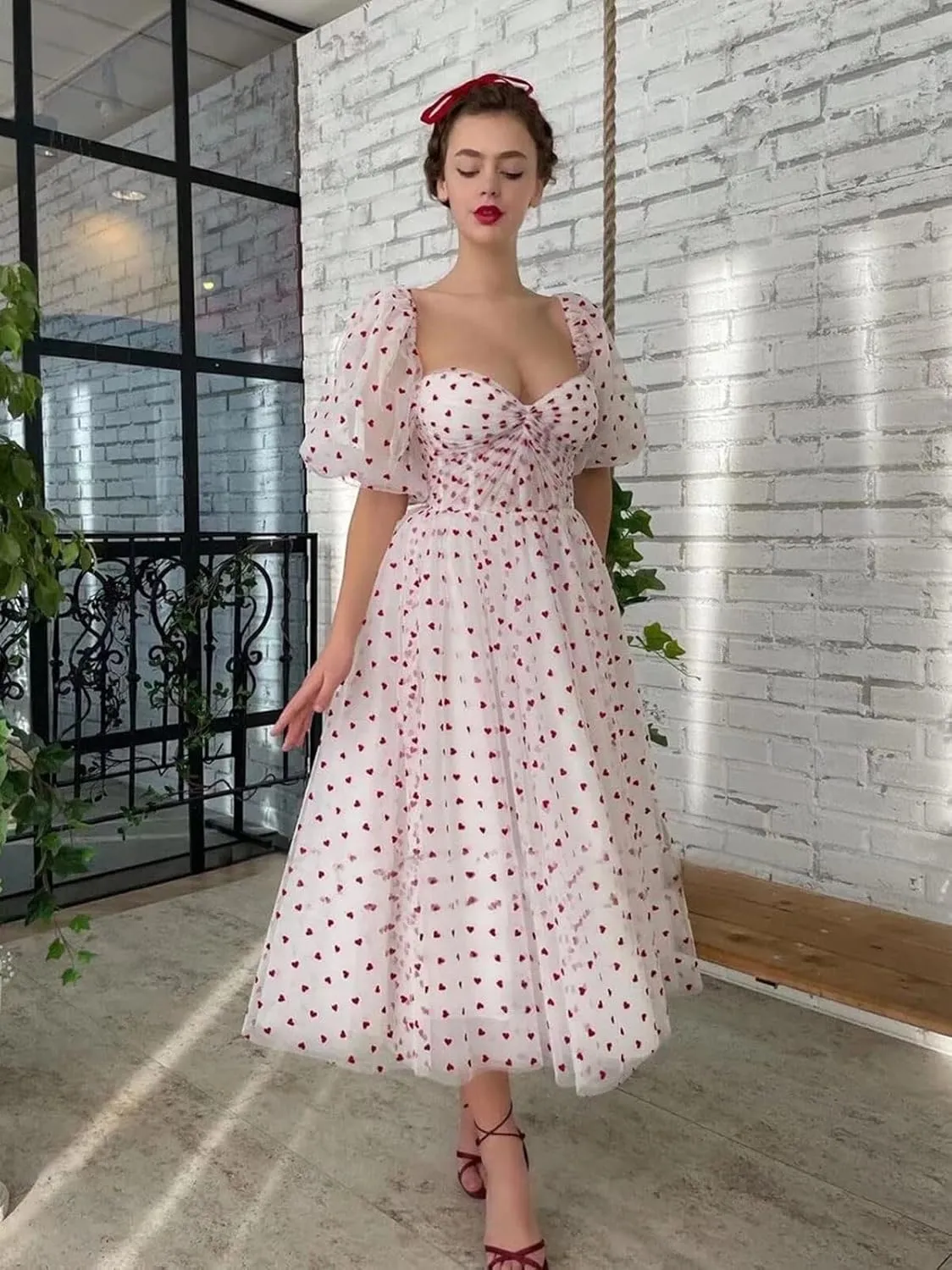 Heart Tulle Midi Prom Dresses Sweetheart A-Line Puff Sleeves Formal Evening Party Gown