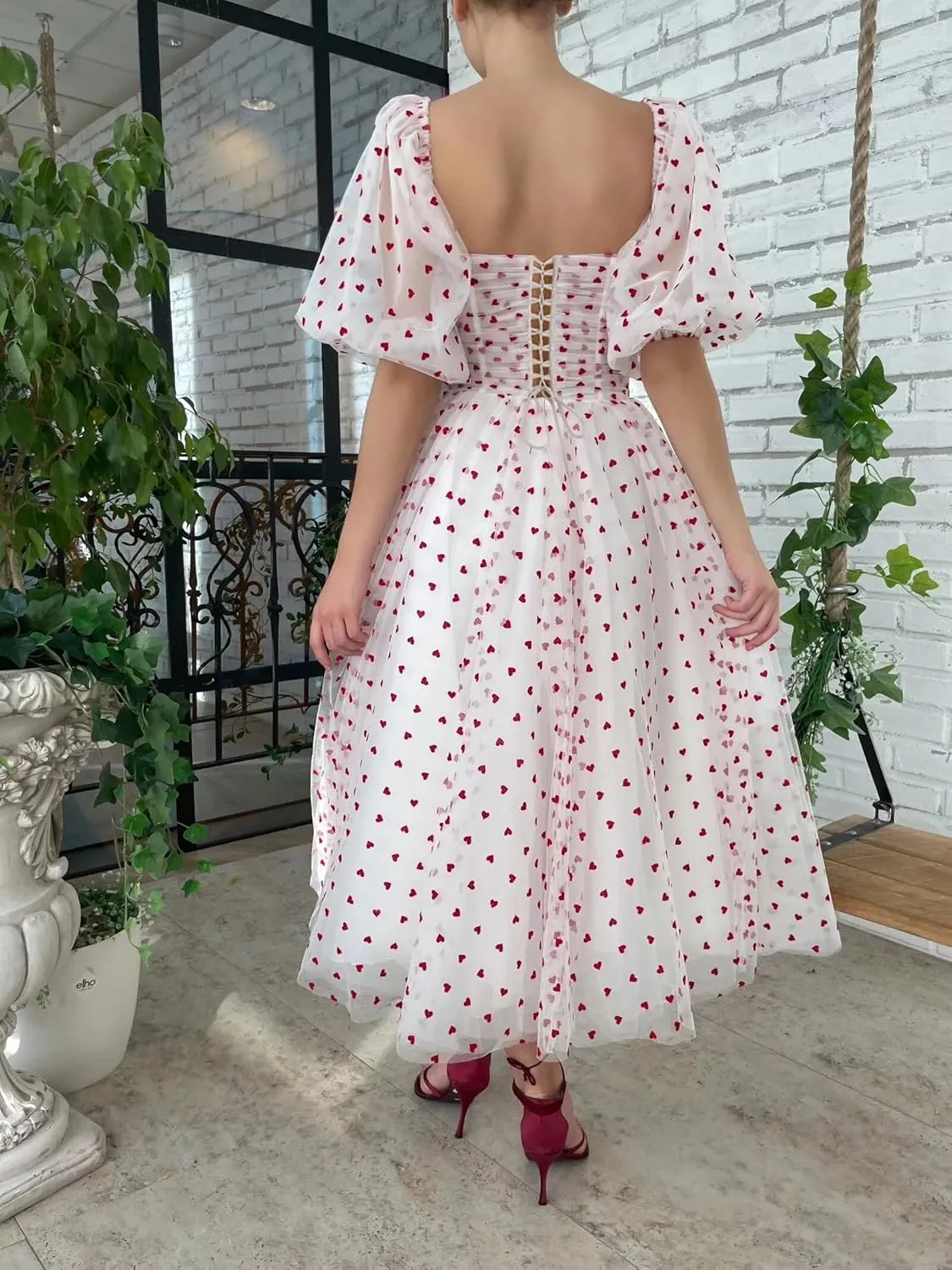 Heart Tulle Midi Prom Dresses Sweetheart A-Line Puff Sleeves Formal Evening Party Gown