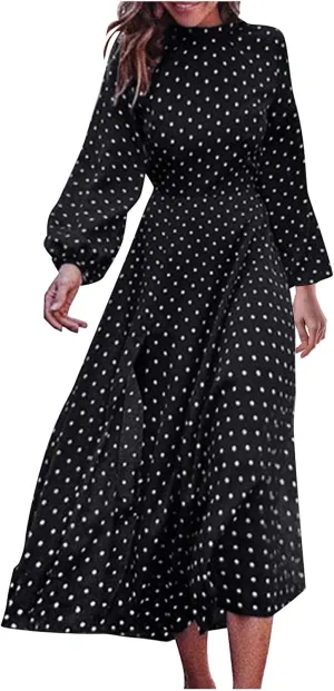 HGOOGY Boho Maxi Dresses for Women 2023 Ruched Flowy Polka Dot Dress Plus Size Modest Long Slim Fit A-Line Sundress