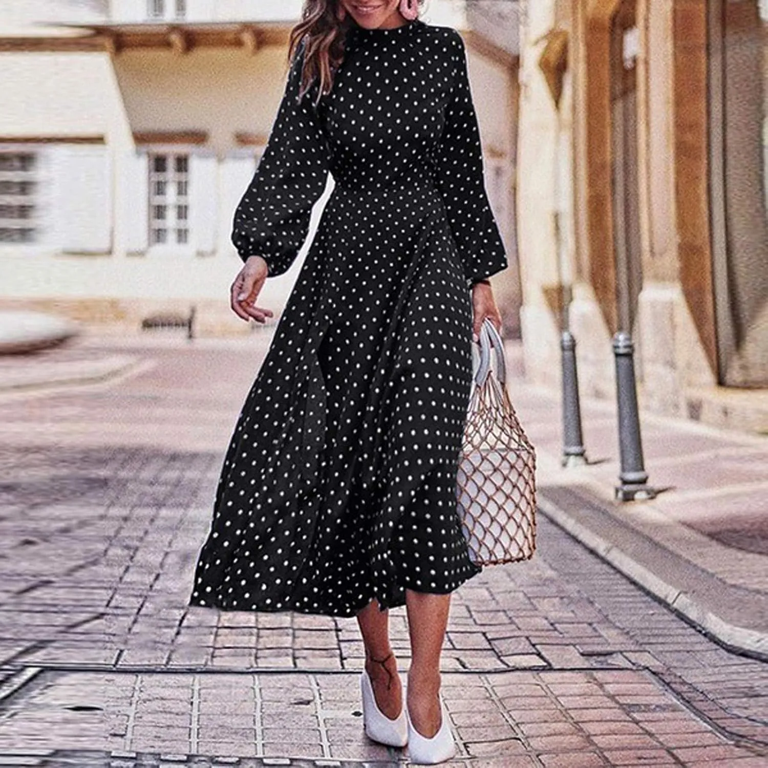 HGOOGY Boho Maxi Dresses for Women 2023 Ruched Flowy Polka Dot Dress Plus Size Modest Long Slim Fit A-Line Sundress