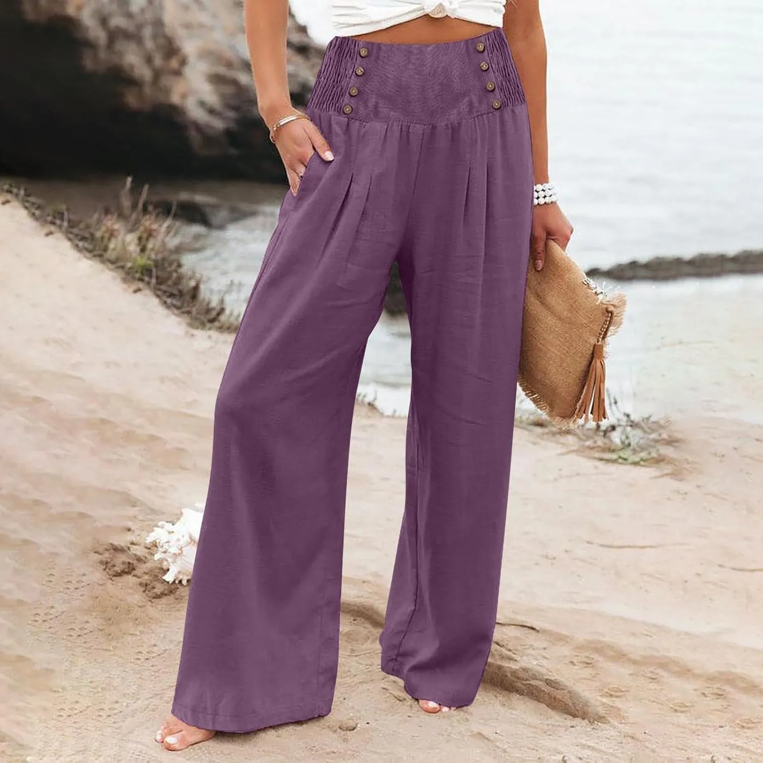 High Waisted Palazzo Wide Leg Flowy Dressy Pants for Women Business Casual Trousers with Pockets
