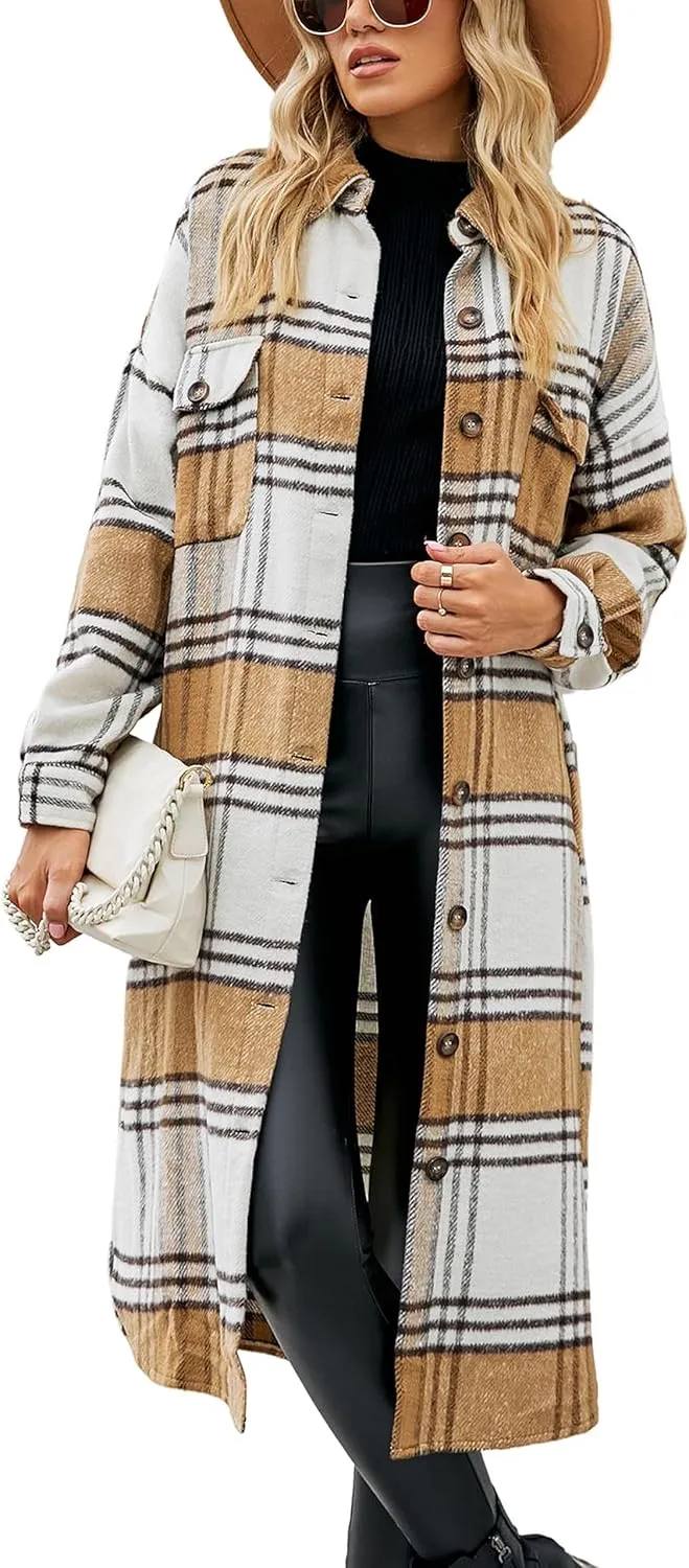 Himosyber Women's Casual Plaid Lapel Woolen Button Up Pocketed Long Shacket Coat