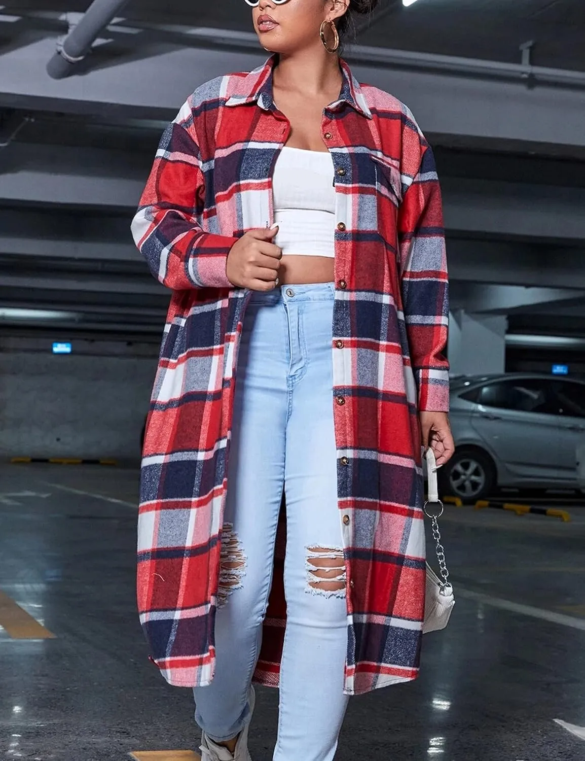 Himosyber Women's Casual Plaid Lapel Woolen Button Up Pocketed Long Shacket Coat