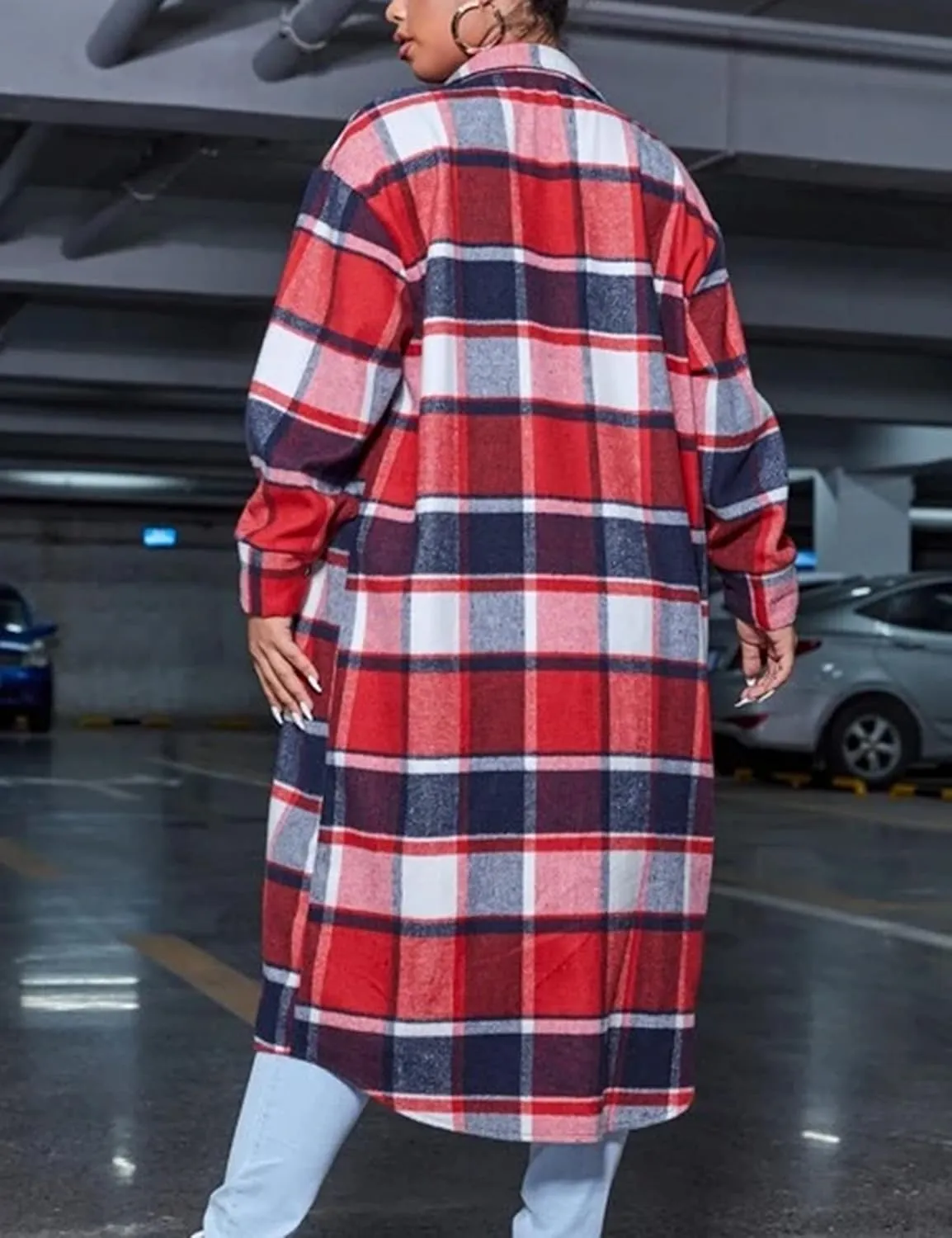 Himosyber Women's Casual Plaid Lapel Woolen Button Up Pocketed Long Shacket Coat