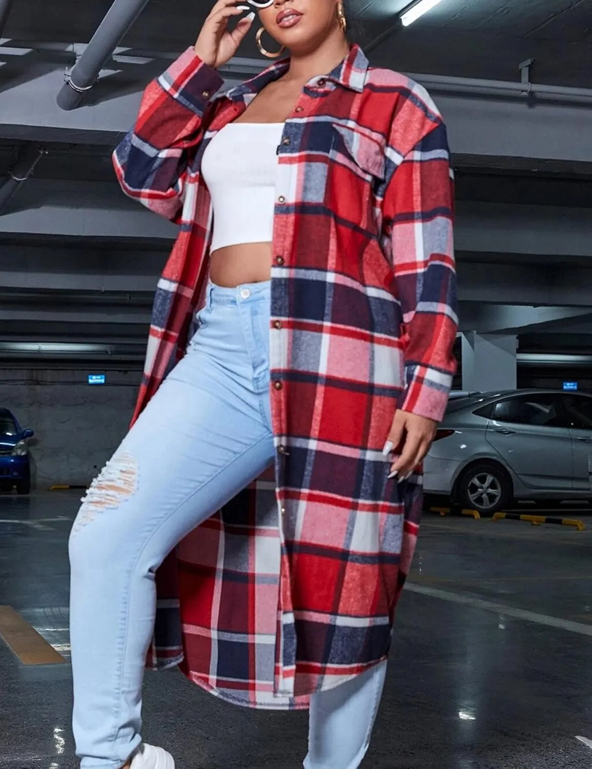 Himosyber Women's Casual Plaid Lapel Woolen Button Up Pocketed Long Shacket Coat