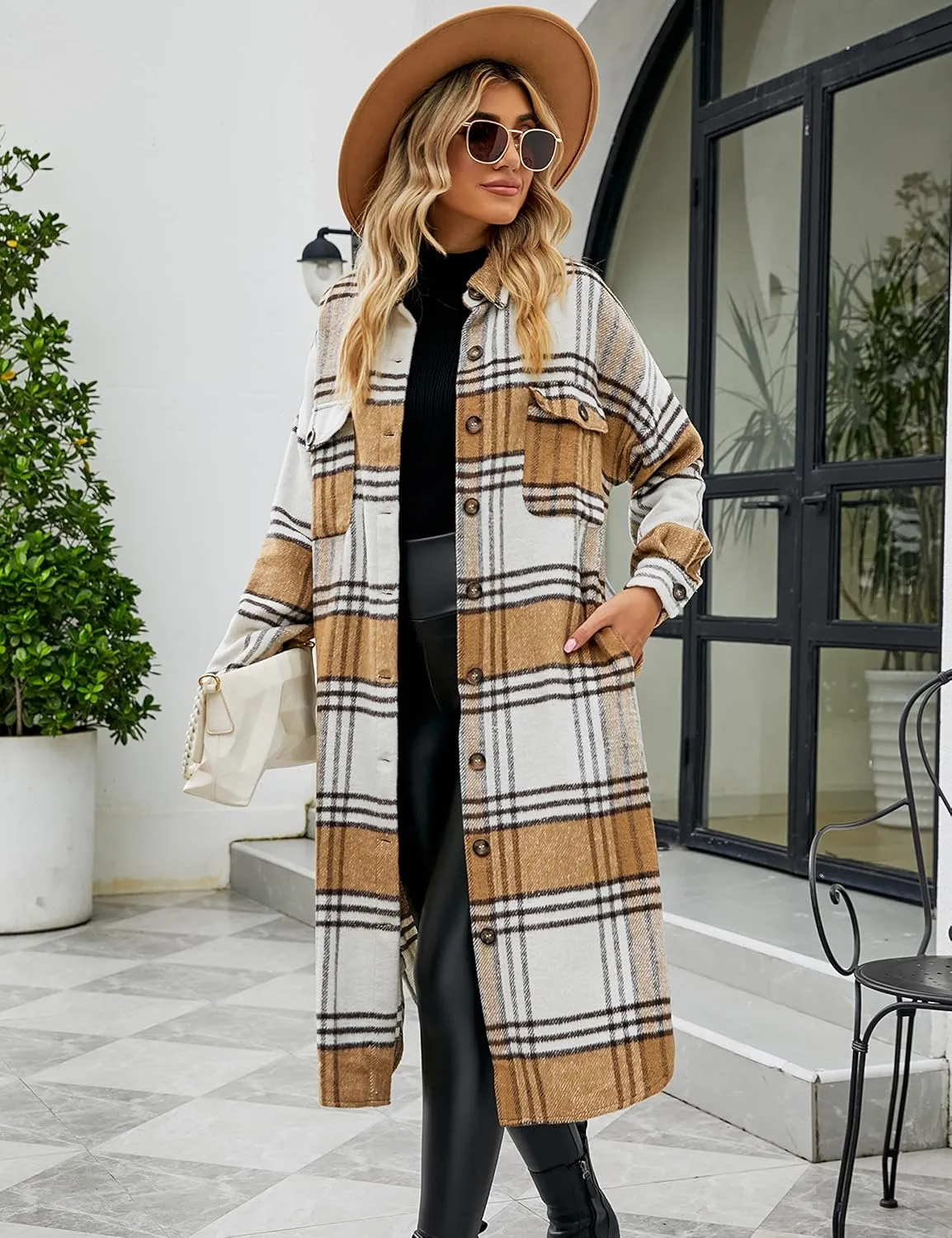 Himosyber Women's Casual Plaid Lapel Woolen Button Up Pocketed Long Shacket Coat