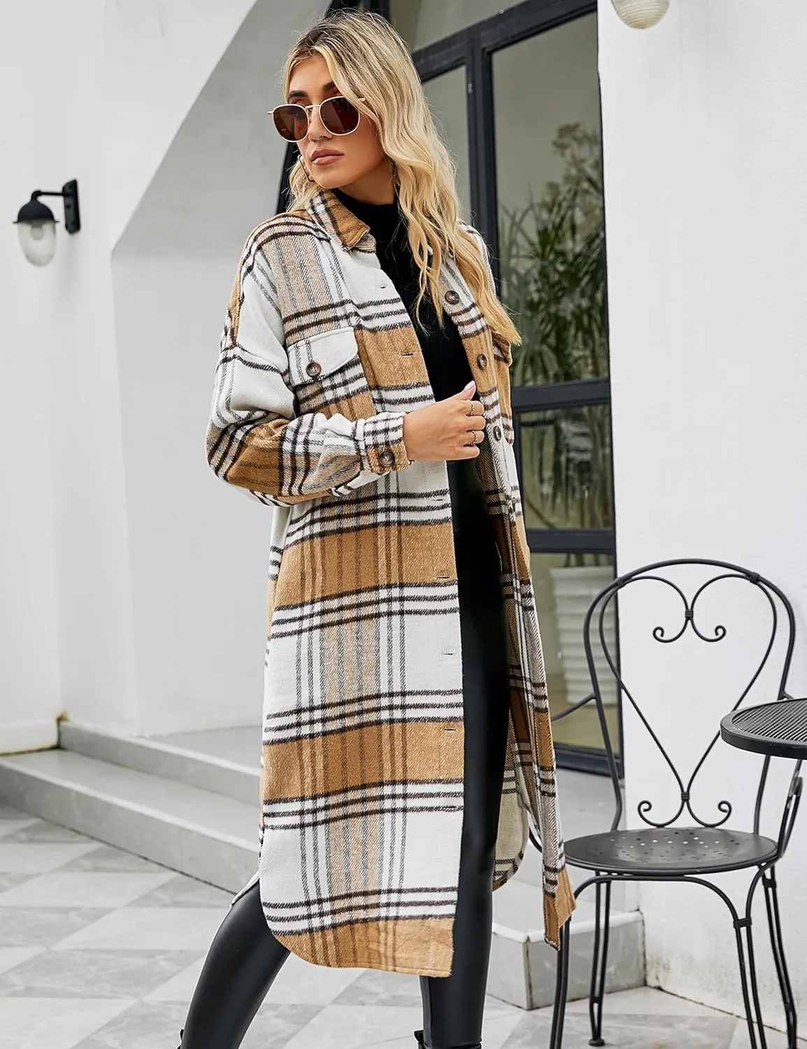 Himosyber Women's Casual Plaid Lapel Woolen Button Up Pocketed Long Shacket Coat