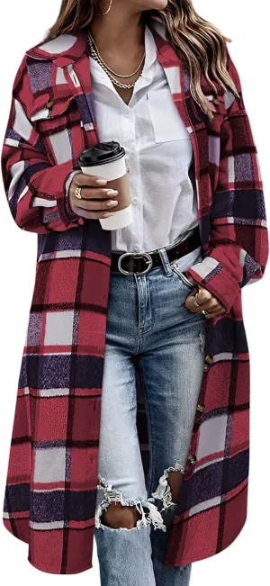 Himosyber Women's Casual Plaid Lapel Woolen Button Up Pocketed Long Shacket Coat