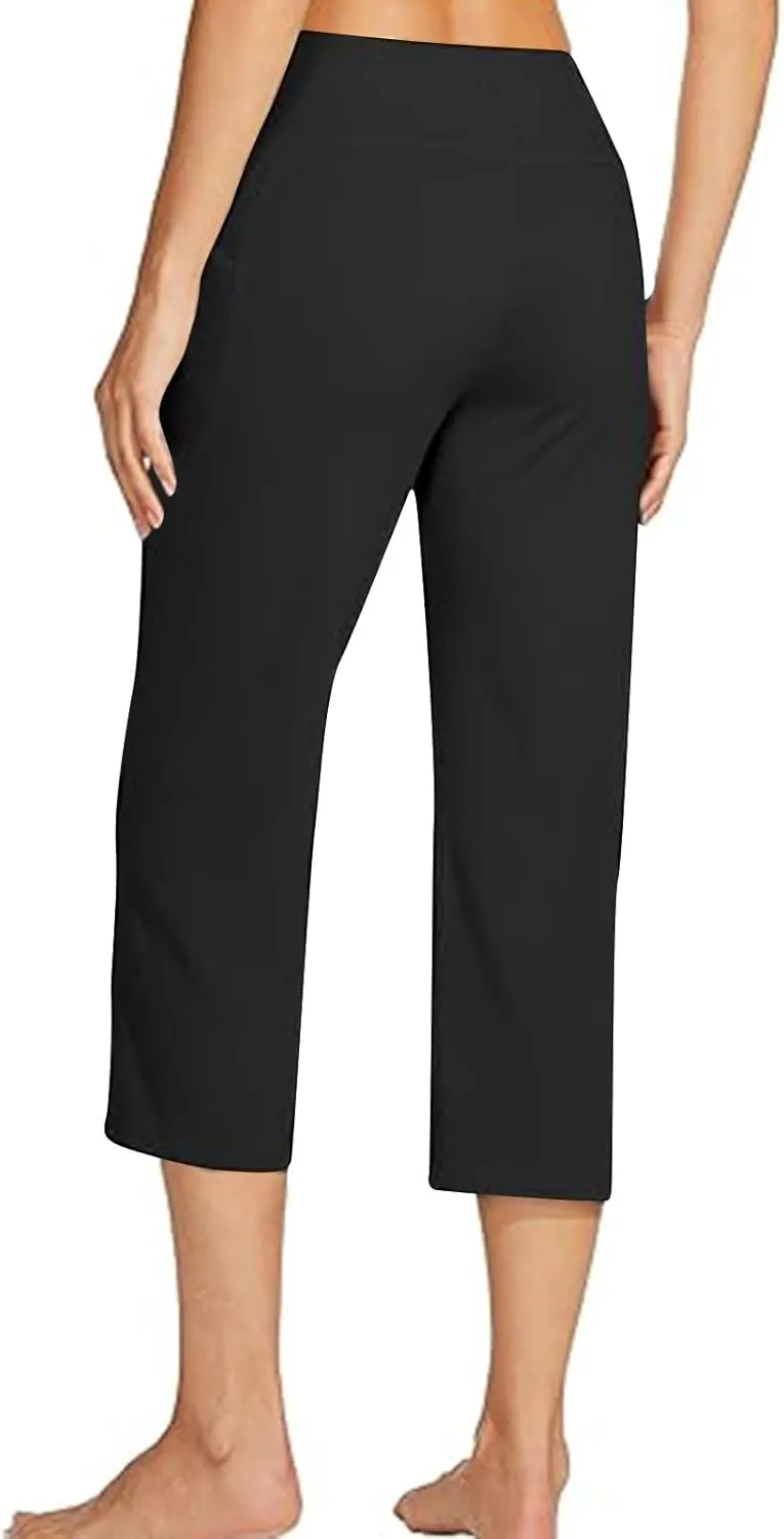 hlysgo Women's Yoga Capris Pants High Waist Leggings Crossover Straight Leg Crop Trousers Summer Workout Capris with Pockets