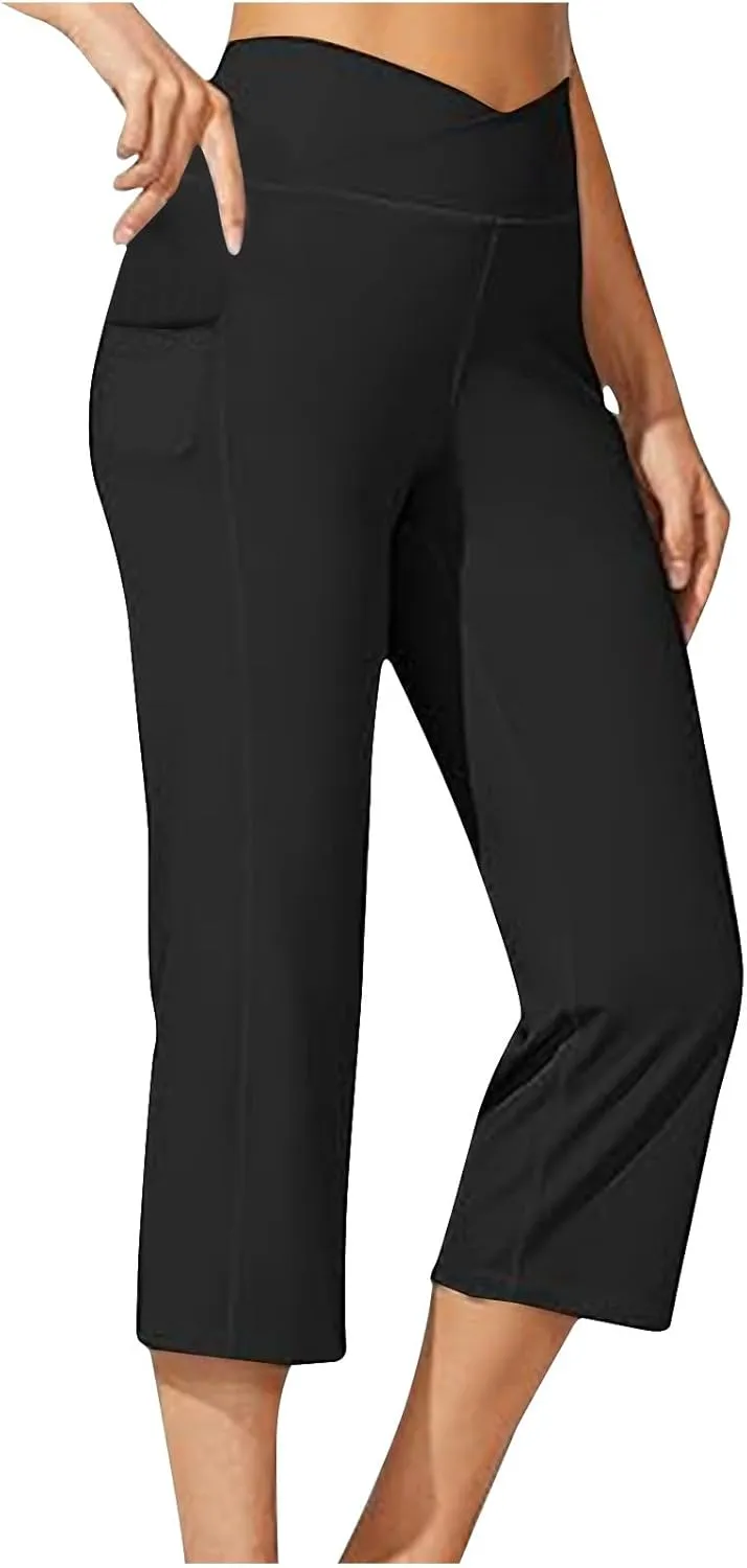 hlysgo Women's Yoga Capris Pants High Waist Leggings Crossover Straight Leg Crop Trousers Summer Workout Capris with Pockets