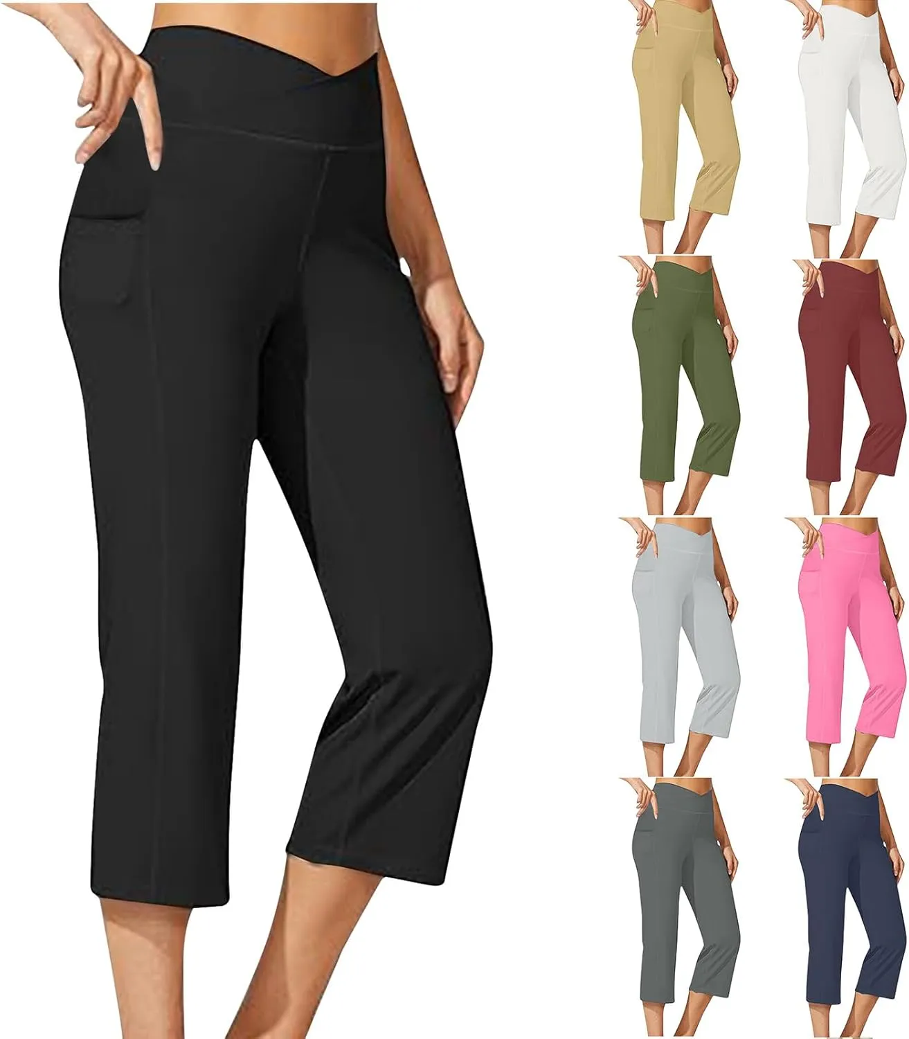 hlysgo Women's Yoga Capris Pants High Waist Leggings Crossover Straight Leg Crop Trousers Summer Workout Capris with Pockets