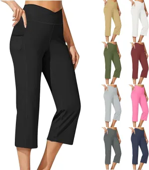 hlysgo Women's Yoga Capris Pants High Waist Leggings Crossover Straight Leg Crop Trousers Summer Workout Capris with Pockets