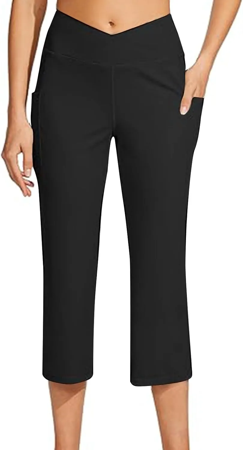 hlysgo Women's Yoga Capris Pants High Waist Leggings Crossover Straight Leg Crop Trousers Summer Workout Capris with Pockets
