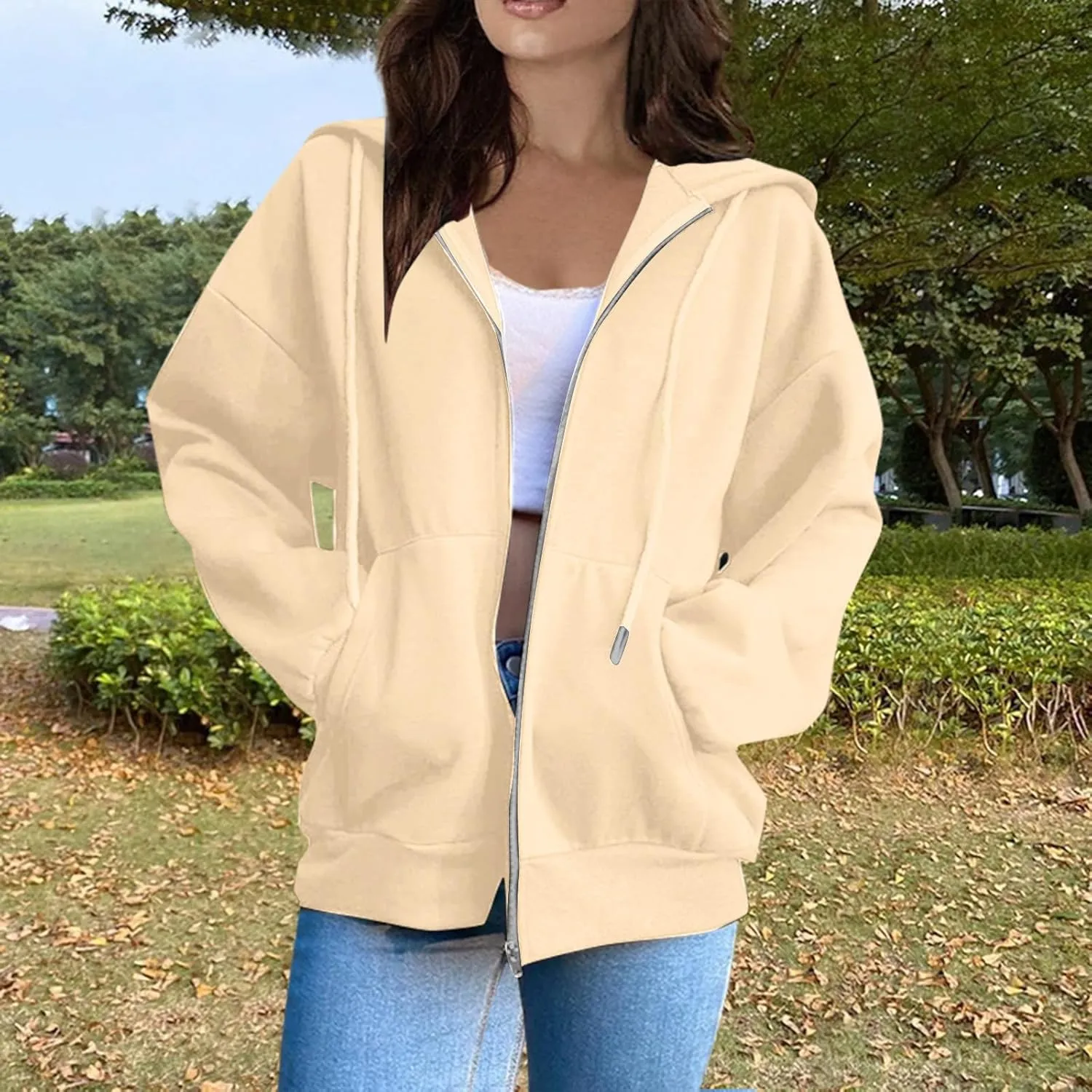 Hoodies for Women Long Sleeve Fall Fashion 2024 Oversized Zip Up Sweatshirts Solid Light Hoodie Jacket with Pockets