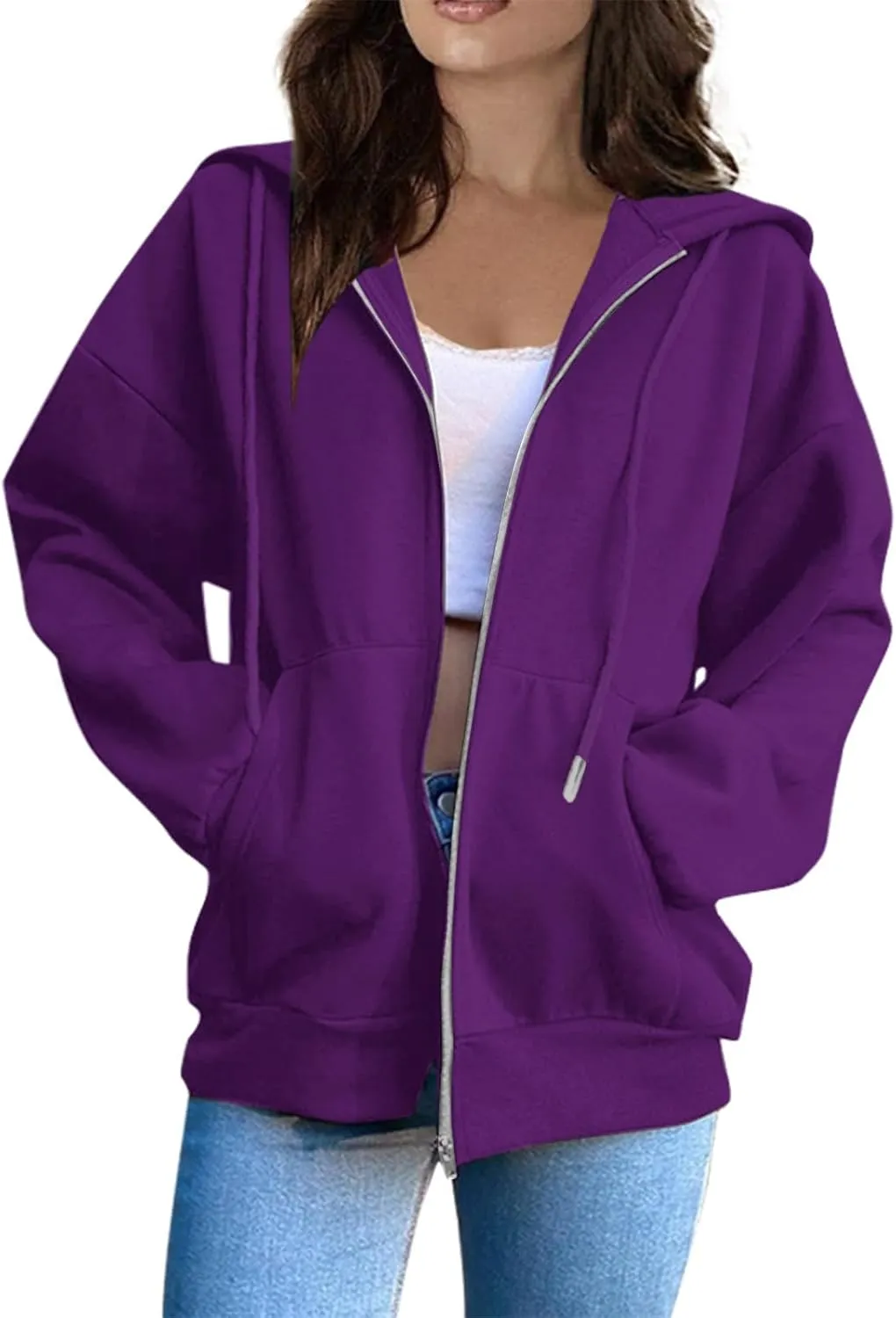 Hoodies for Women Long Sleeve Fall Fashion 2024 Oversized Zip Up Sweatshirts Solid Light Hoodie Jacket with Pockets